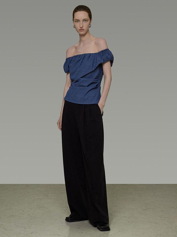 unspoken Wrinkle Resistant Minimalist Slim Asymmetrical Boat Neck Women Blue Blouses
