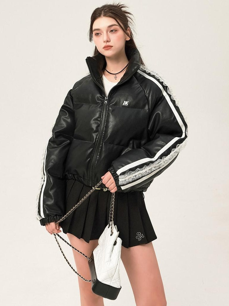 ikyou Thick Pu Leather Short Zip Stand Collar Straight Commuter Black Puffer Jackets