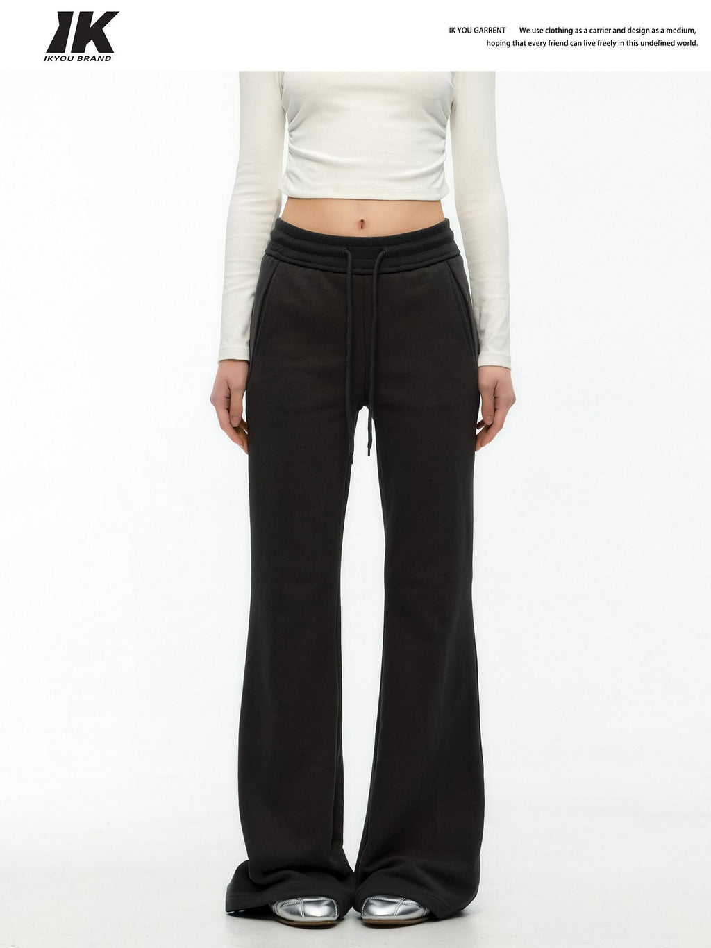 ikyou Minimal Commuter Drawstring Natural Waist Cotton Blend Wrinkle Free Flared Pants