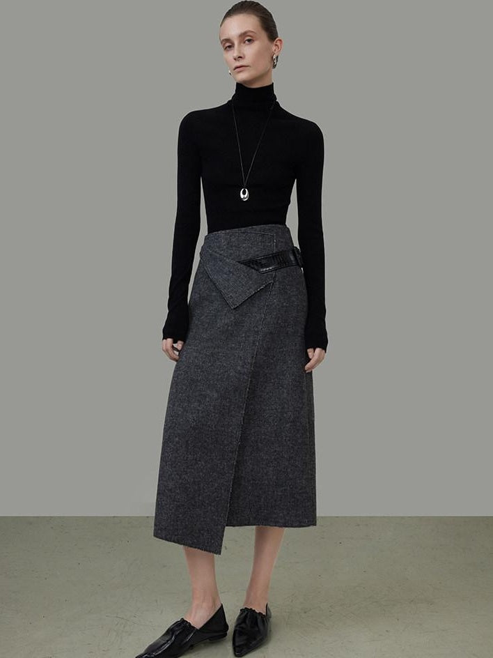 unspoken Wool Blend Lined Asymmetric Aline Mid Waist Minimal Workwear Women Midi Skirts