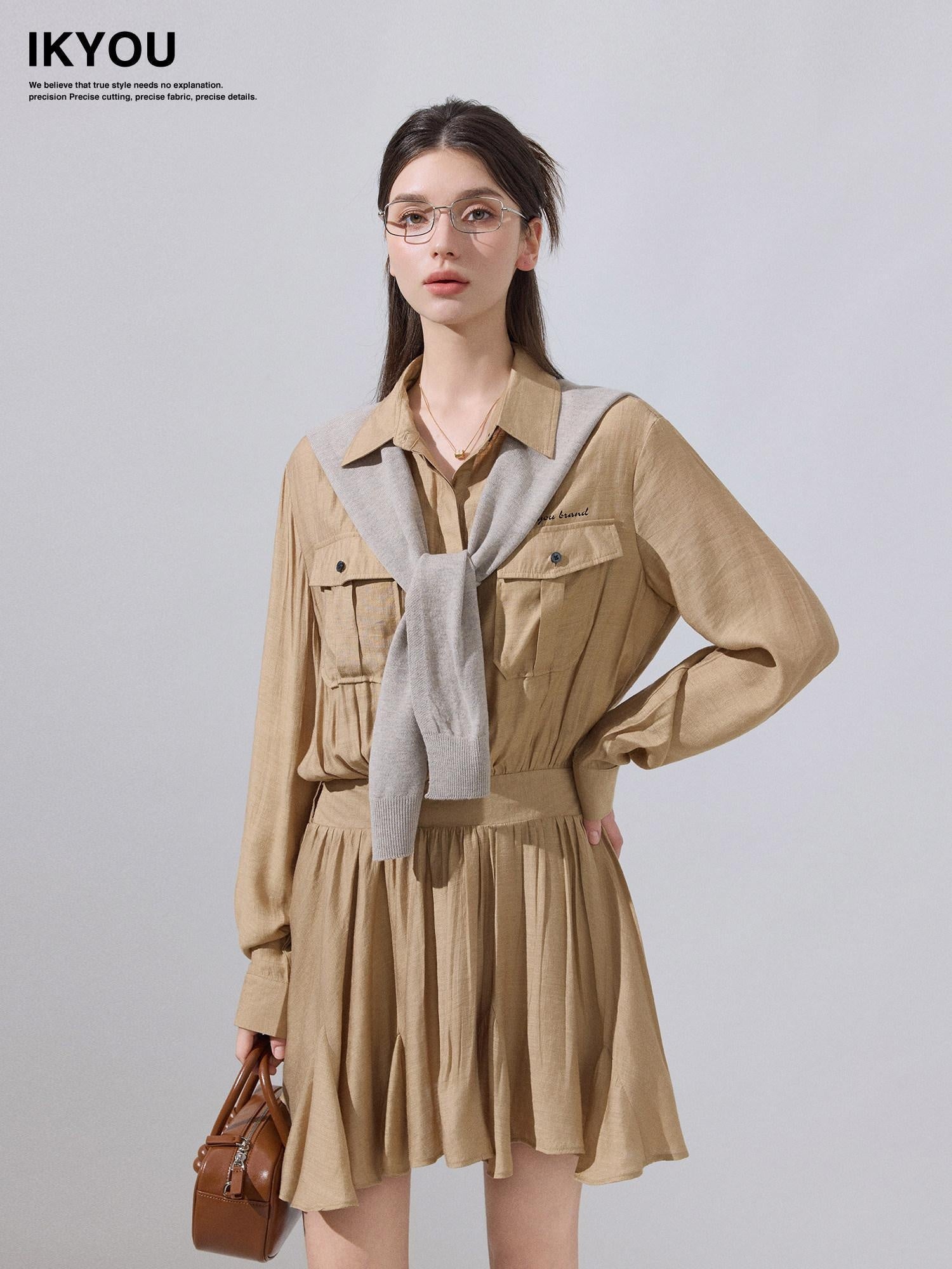 ikyou Cooling Soft Viscose Embroidered A Line Cinched Waist Office Khaki Midi Dresses