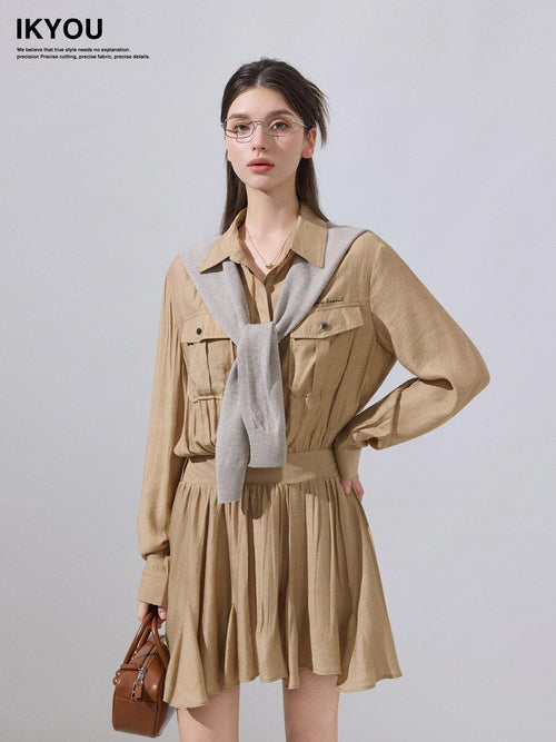 ikyou Cooling Soft Viscose Embroidered A Line Cinched Waist Office Khaki Midi Dresses