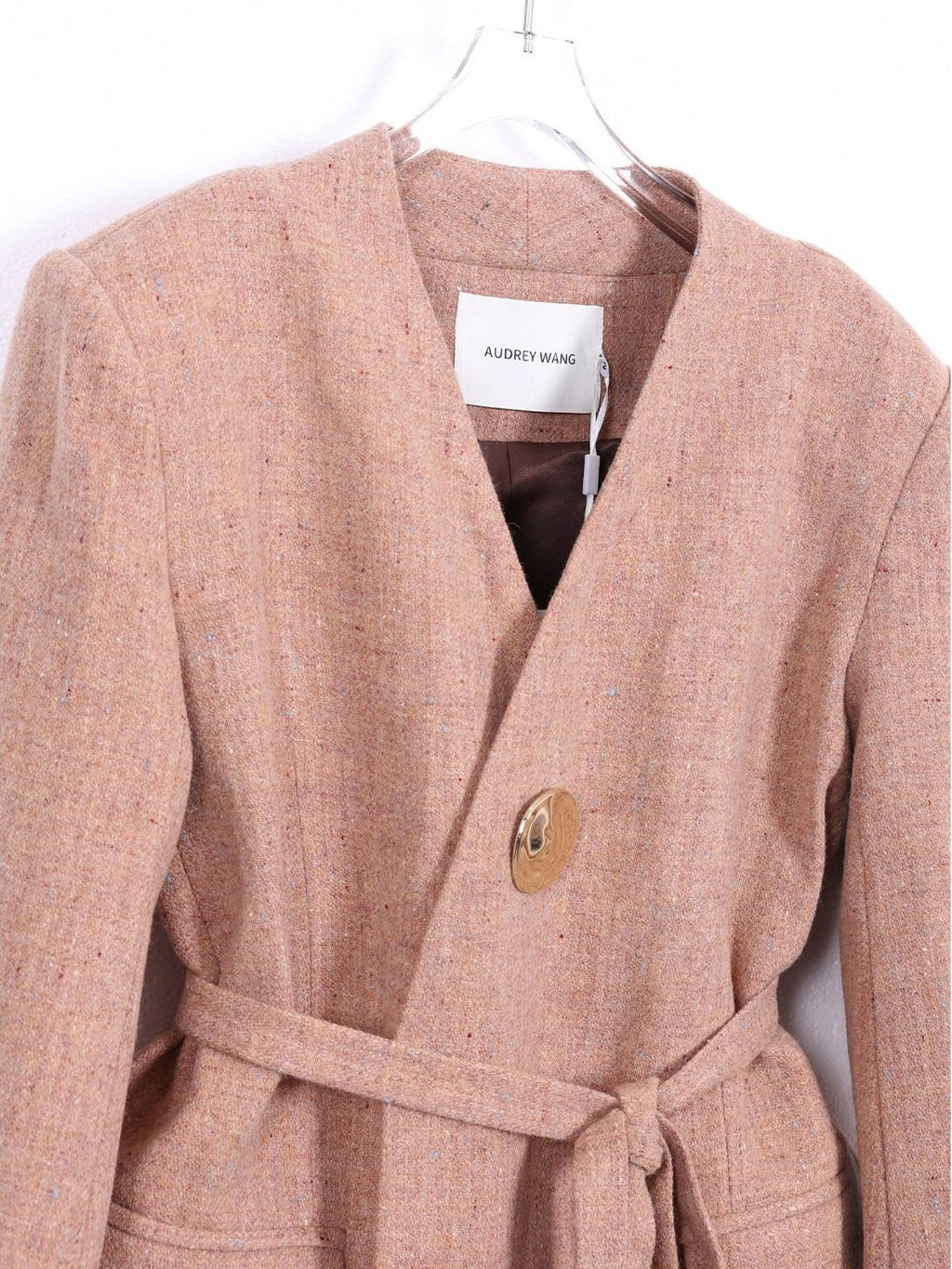 audreyyang Soft Lambswool Relaxed Fit Belted V-neck For Women Light Coffee Blazers