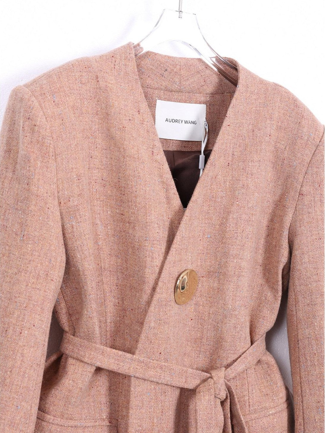 audreyyang Soft Lambswool Relaxed Fit Belted V-neck For Women Light Coffee Blazers