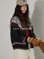 Lofi choose Lightweight Geometric Button Round Neck Loose Fit Office Women Knit Cardigans