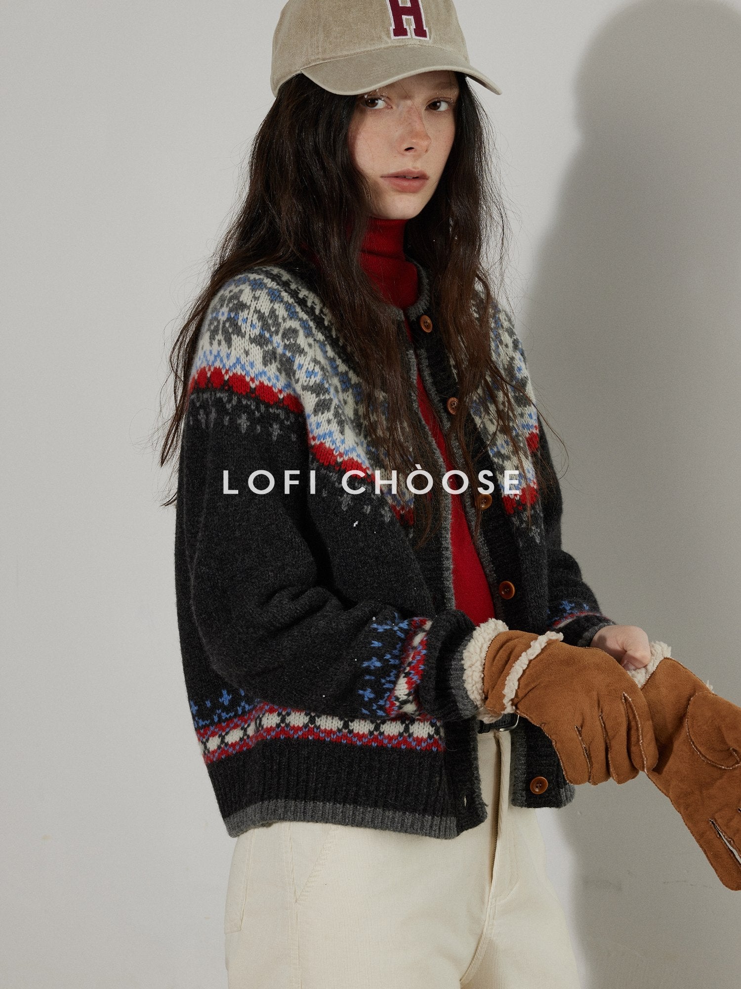 Lofi choose Lightweight Geometric Button Round Neck Loose Fit Office Women Knit Cardigans