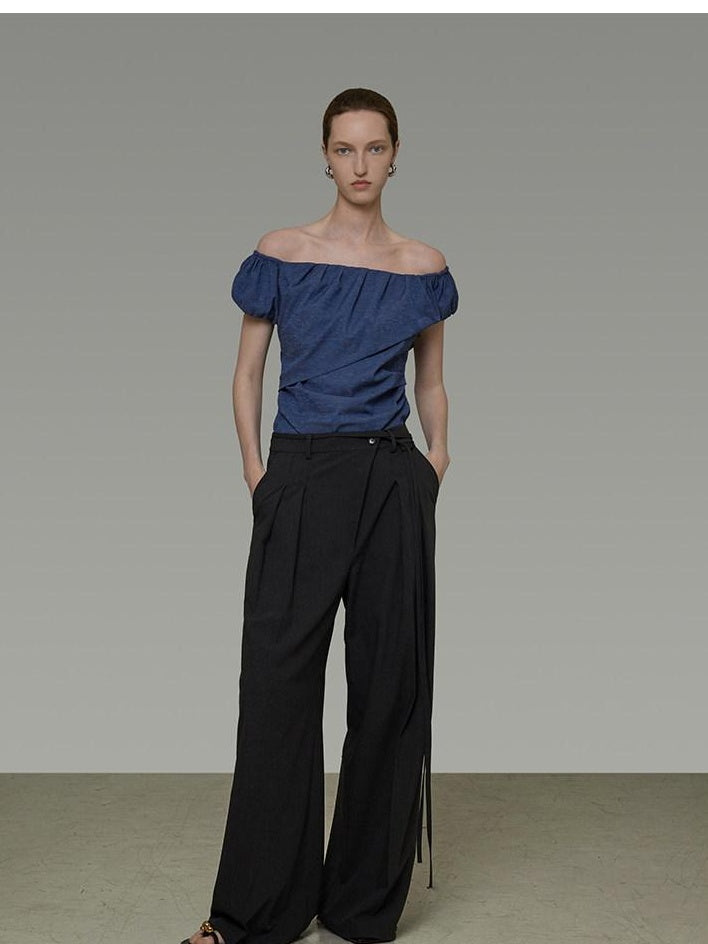 unspoken Wrinkle Resistant Minimalist Slim Asymmetrical Boat Neck Women Blue Blouses