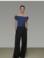 unspoken Wrinkle Resistant Minimalist Slim Asymmetrical Boat Neck Women Blue Blouses