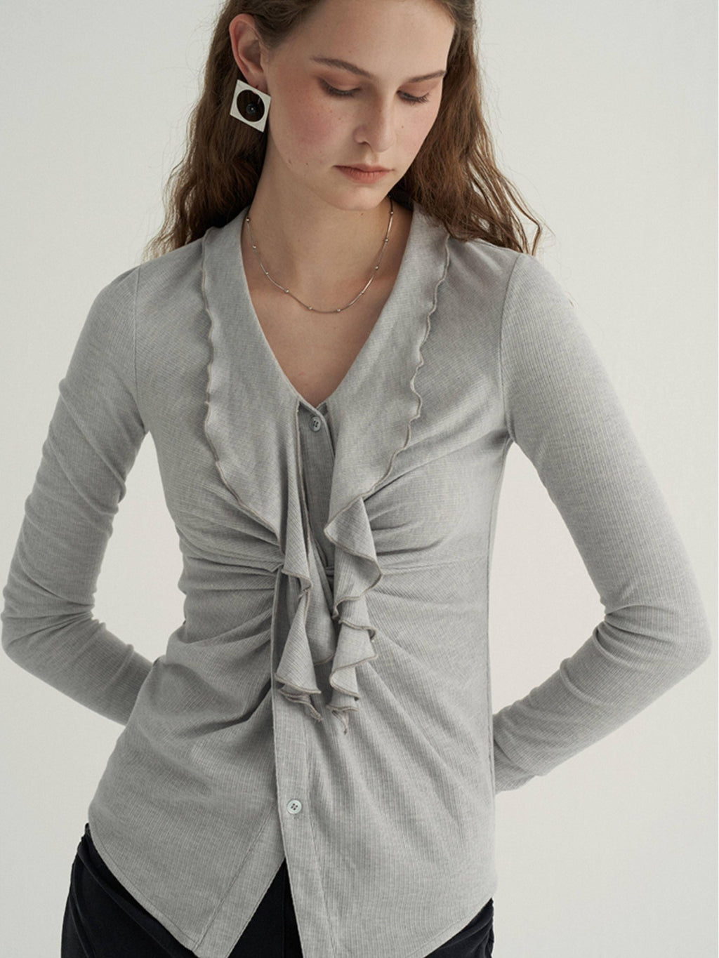 someone sometimes Ruffled V-neck Slim Fit Thin Knit Viscose Women Oatmeal Long Sleeve T-Shirts