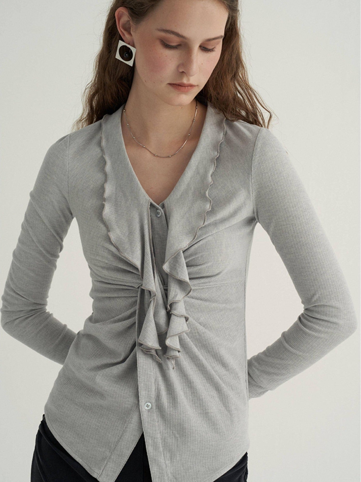 someone sometimes Ruffled V-neck Slim Fit Thin Knit Viscose Women Oatmeal Long Sleeve T-Shirts