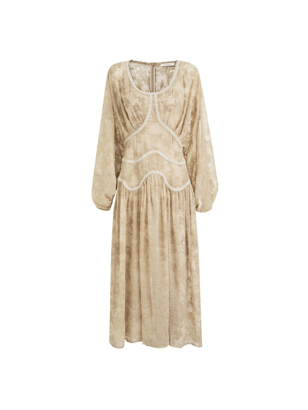 unspoken Casual Jacquard A Line Natural Waist Long Sleeve U Neck Khaki Women Maxi Dresses