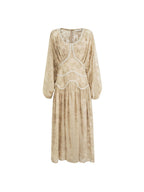 unspoken Casual Jacquard A Line Natural Waist Long Sleeve U Neck Khaki Women Maxi Dresses