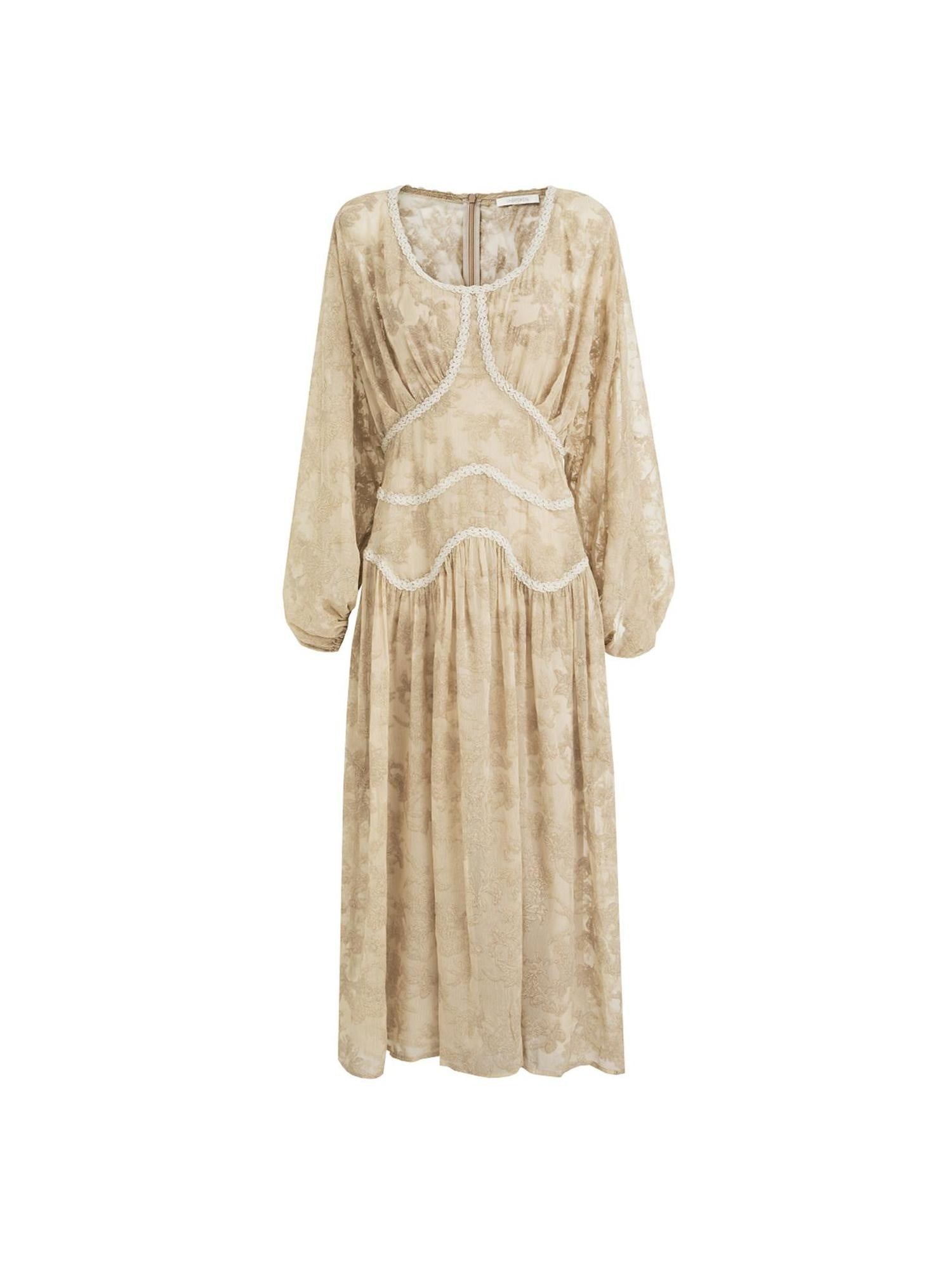 unspoken Casual Jacquard A Line Natural Waist Long Sleeve U Neck Khaki Women Maxi Dresses