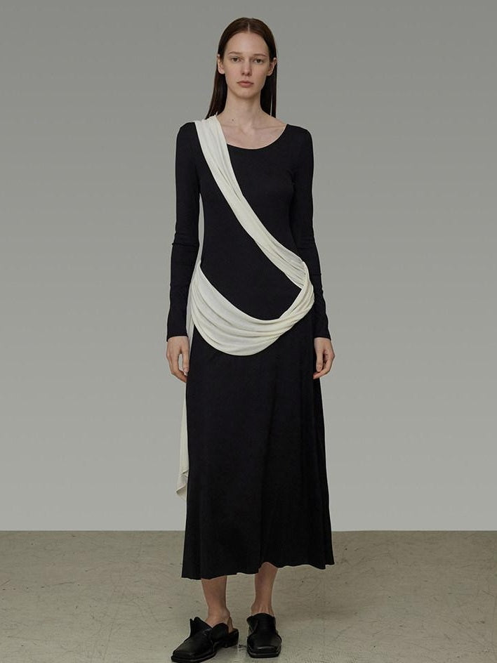 unspoken Slimming High Waist A Line Knit Long Sleeve Workwear Black Women Maxi Dresses