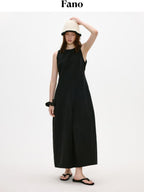 fano Breathable Cotton Blend Sleeveless A Line Korean Workwear Black Maxi Dresses