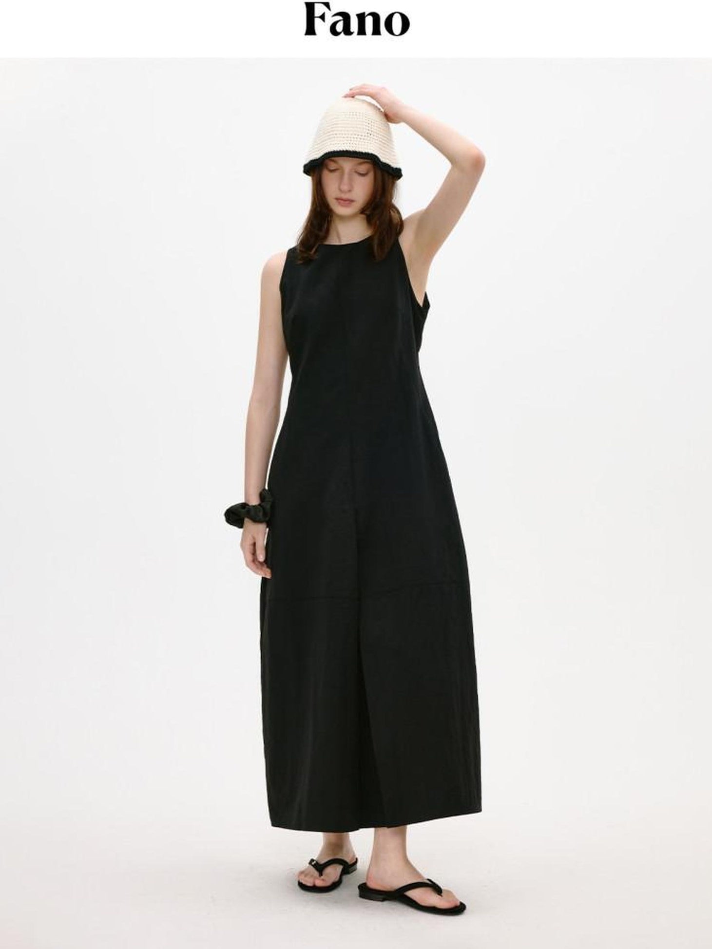 fano Breathable Cotton Blend Sleeveless A Line Korean Workwear Black Maxi Dresses