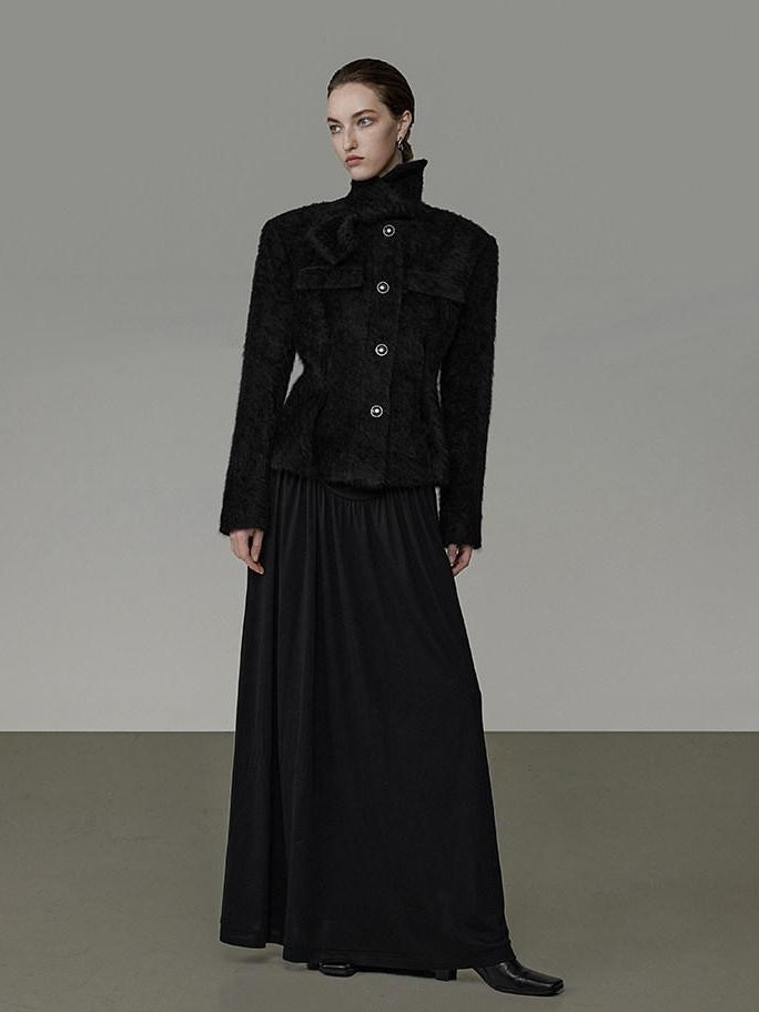 unspoken Slimming French Slim Fit Waist Cinch Stand Collar Black Nylon Women Short Coat