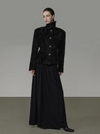 unspoken Slimming French Slim Fit Waist Cinch Stand Collar Black Nylon Women Short Coat