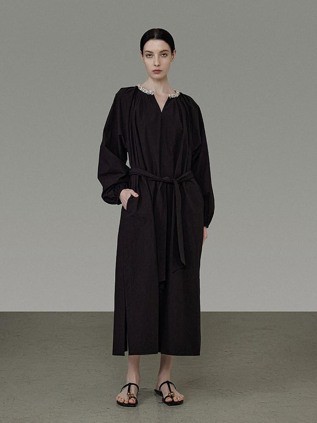 unspoken Cotton Loose Waist Minimalist V-neck Long Sleeve Casual Black Maxi Dresses