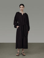 unspoken Cotton Loose Waist Minimalist V-neck Long Sleeve Casual Black Maxi Dresses