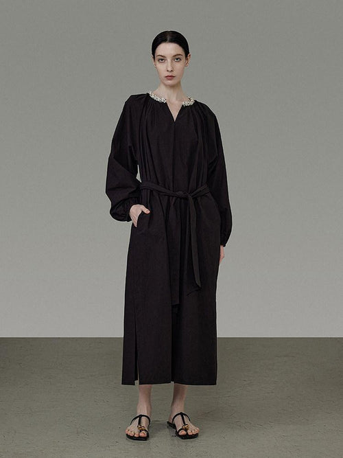 unspoken Cotton Loose Waist Minimalist V-neck Long Sleeve Casual Black Maxi Dresses