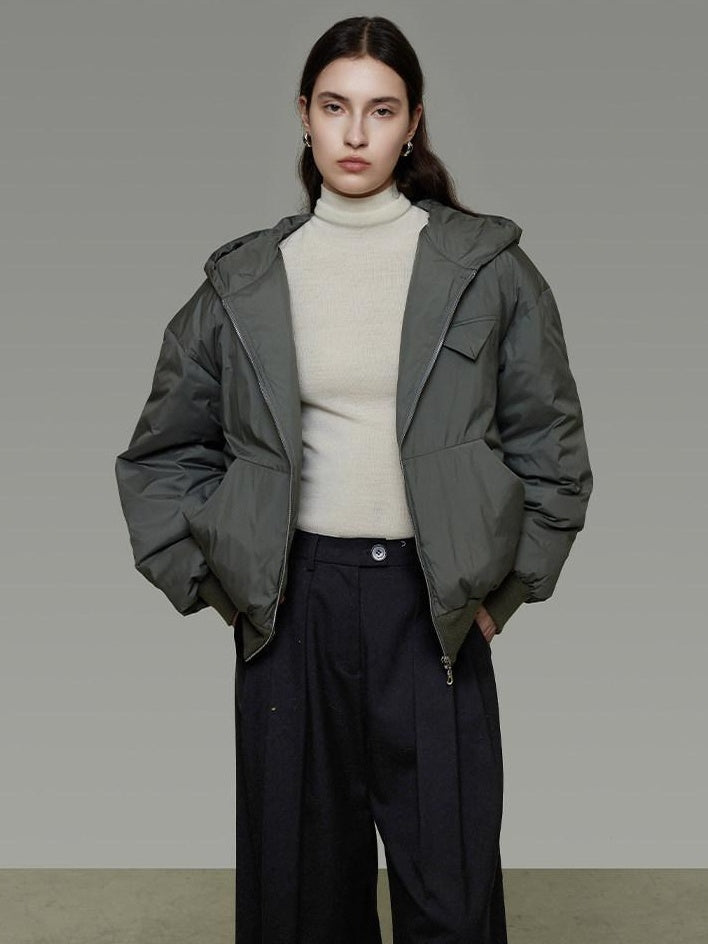 unspoken 90 White Duck Down Warm Loose Hooded Commuter Women Deep Gray Green Down Jackets