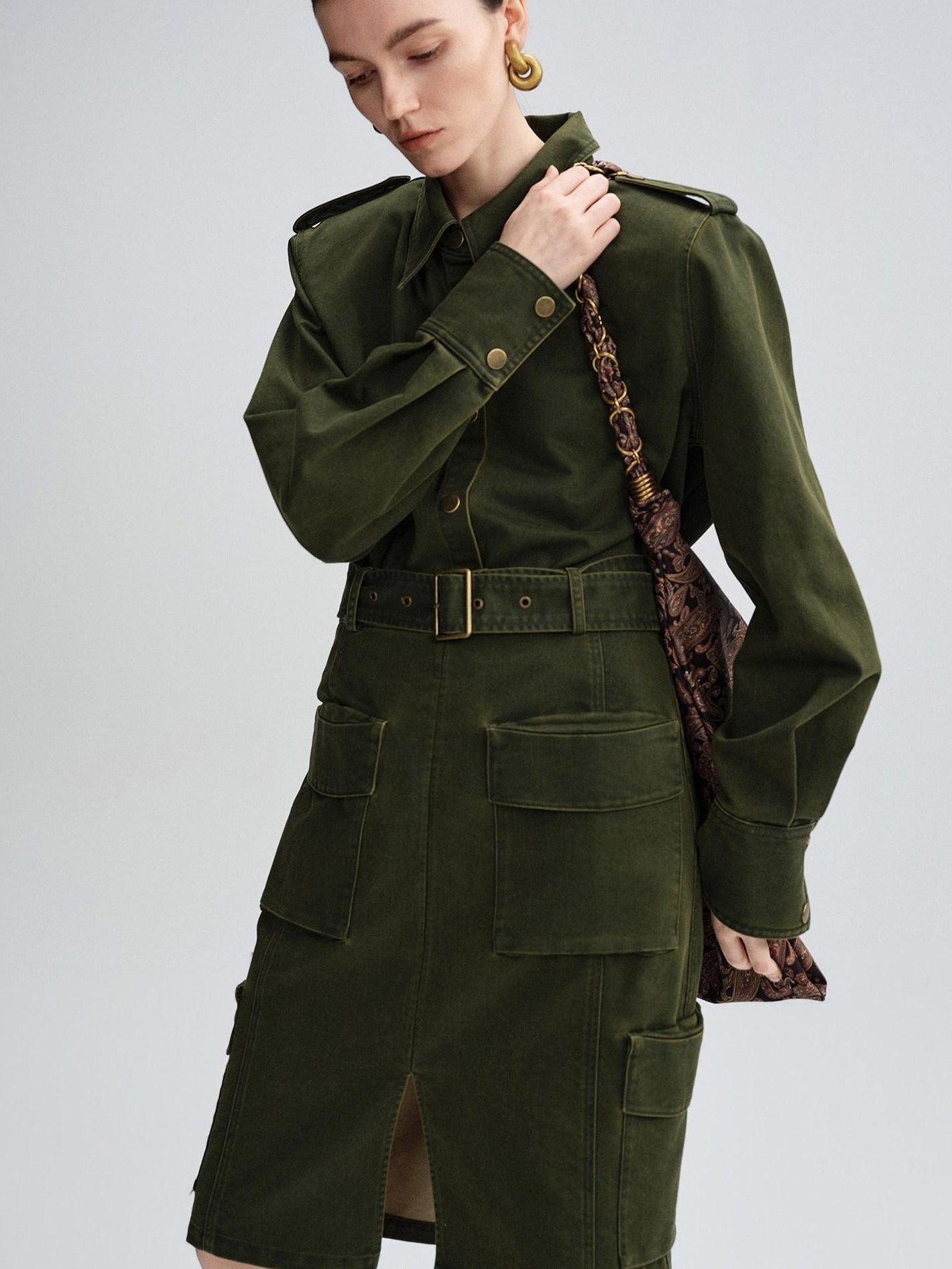 audreyyang Thick Cotton Cinched Waist Vintage Long Sleeve Army Green Top & Skirt Sets