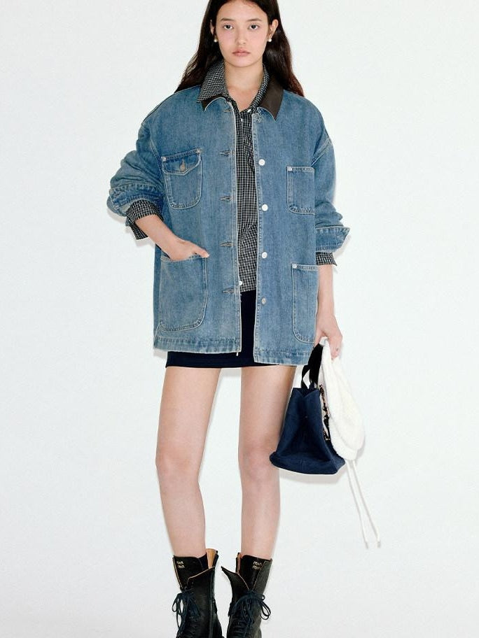 fano Patchwork Washed Blue Loose Fit Casual Cotton Women Button Front Denim Jackets