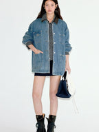 fano Patchwork Washed Blue Loose Fit Casual Cotton Women Button Front Denim Jackets