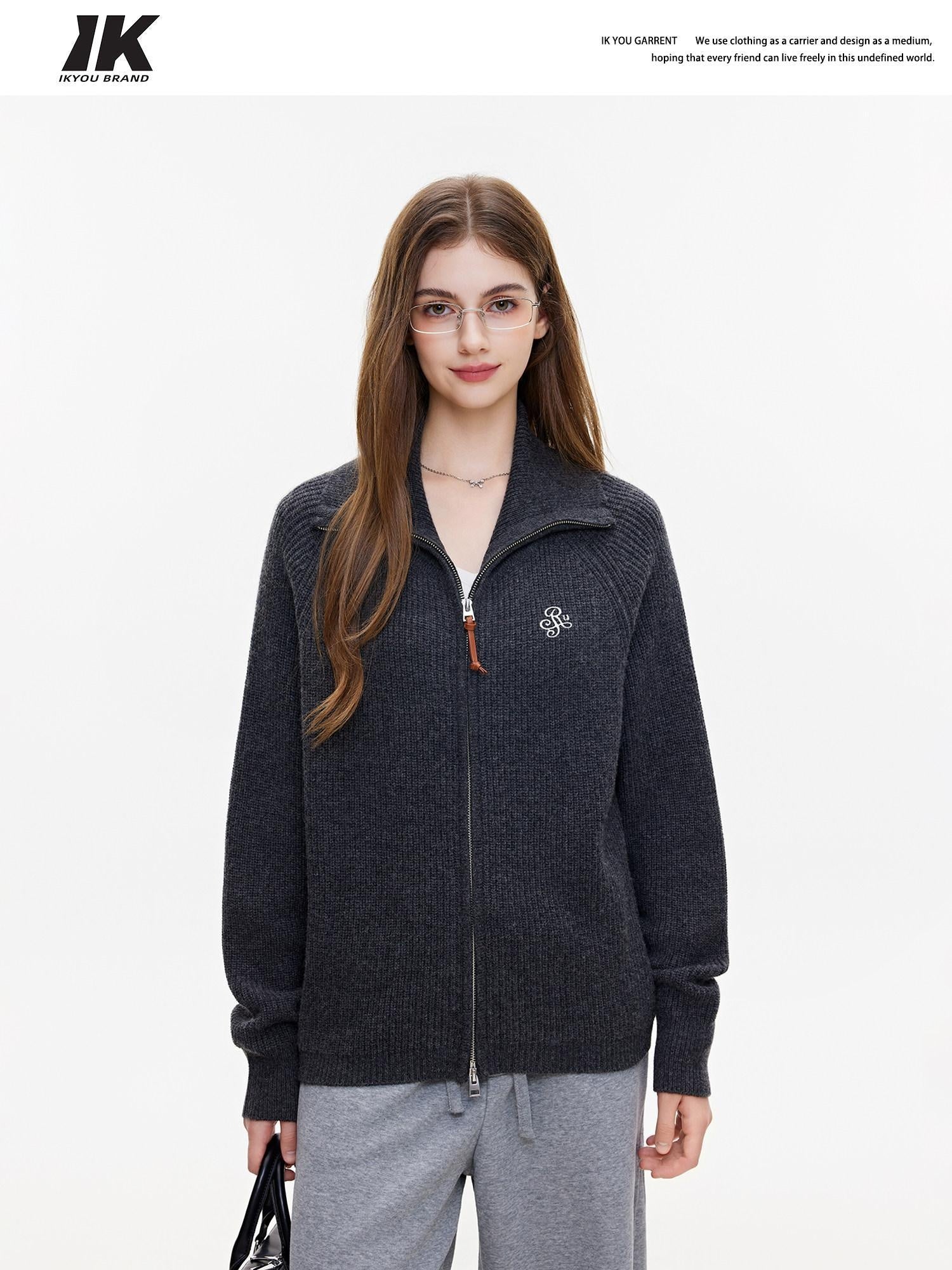 ikyou Warm Wool Blend Stand Collar Zip Loose Commuter Knit Women Deep Gray Cardigans