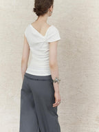 someonesometimes Lightweight Ruched Asymmetric Cropped Slim Fit Pure White Short Sleeve T-Shirts
