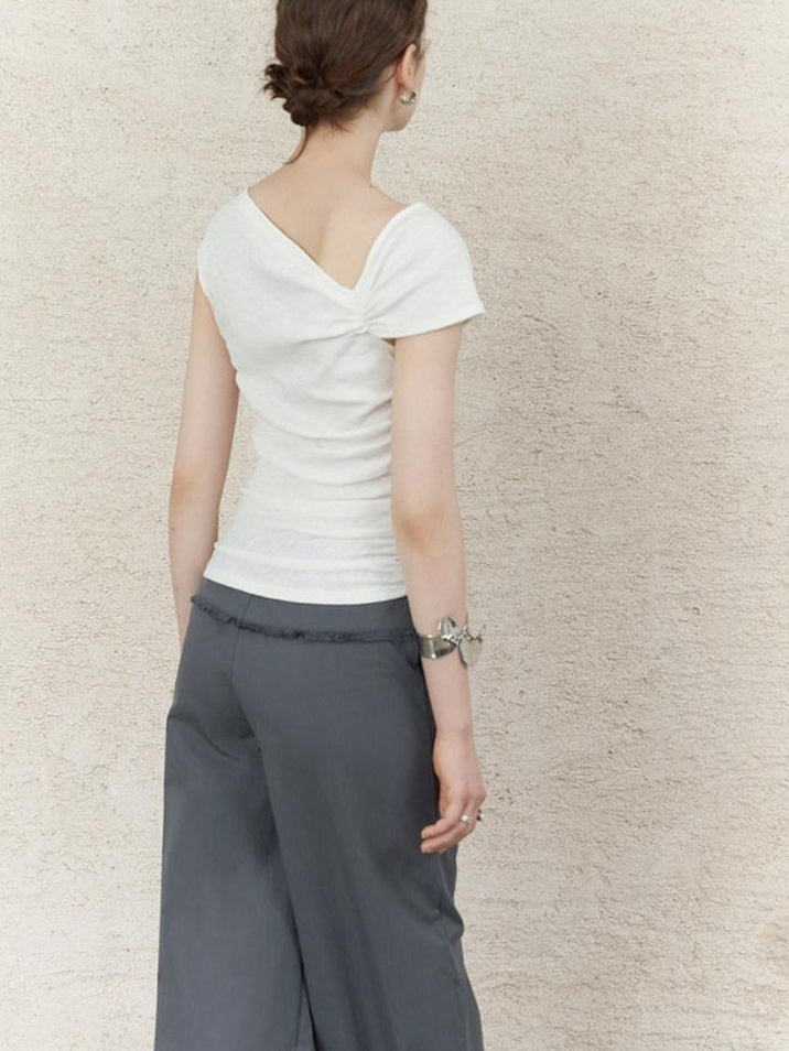 someonesometimes Lightweight Ruched Asymmetric Cropped Slim Fit Pure White Short Sleeve T-Shirts