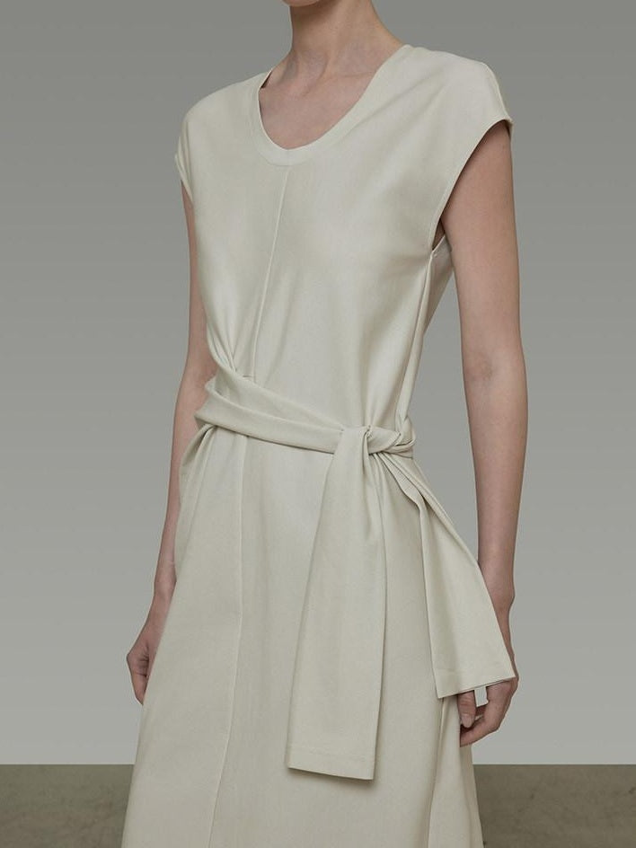 unspoken Cotton Blend Tie Waist Minimalist Commuter Short Sleeve U Neck Maxi Dresses