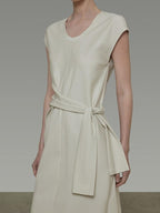 unspoken Cotton Blend Tie Waist Minimalist Commuter Short Sleeve U Neck Maxi Dresses