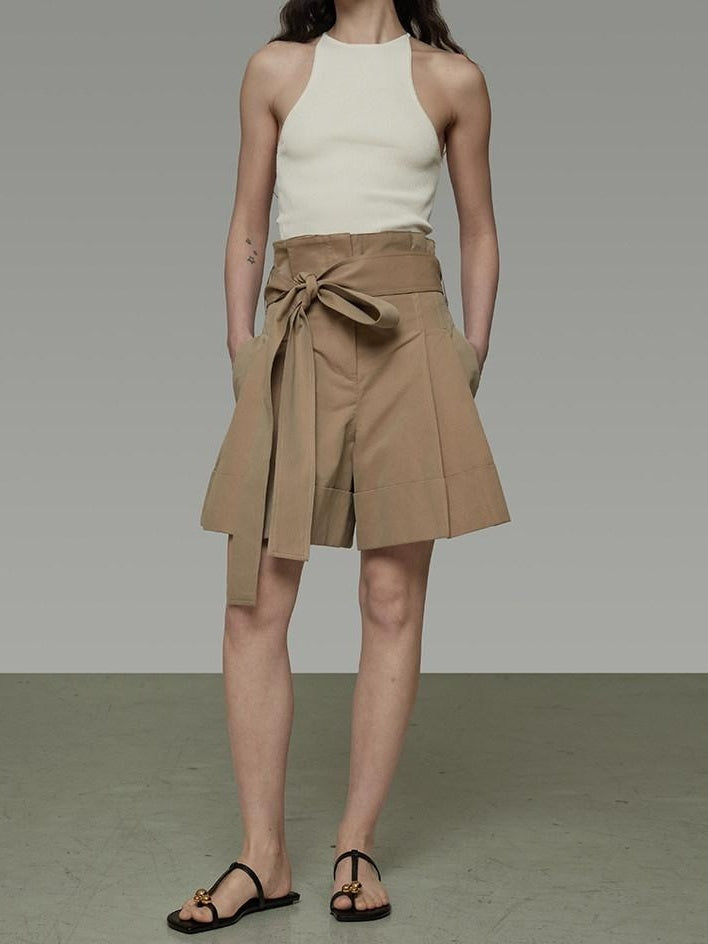 unspoken High Waist Drawstring Minimalist Workwear Cotton Blend Khaki Mid-Length Shorts
