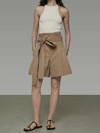 unspoken High Waist Drawstring Minimalist Workwear Cotton Blend Khaki Mid-Length Shorts