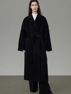 unspoken 100 Percent Wool Minimal Straight Long Tie Office Women Black Wool Coats
