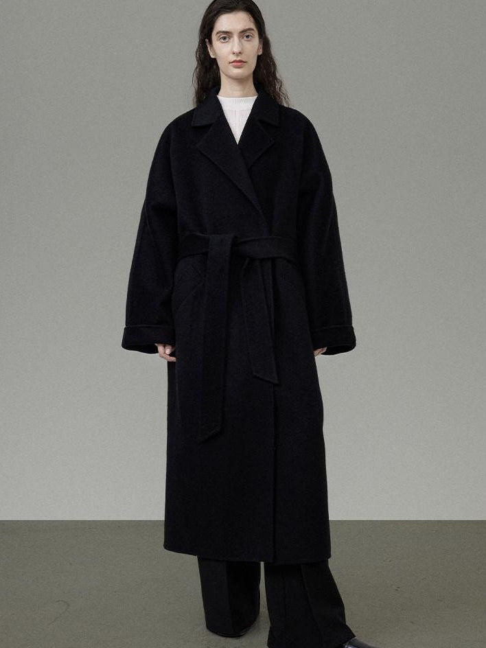 unspoken 100 Percent Wool Minimal Straight Long Tie Office Women Black Wool Coats