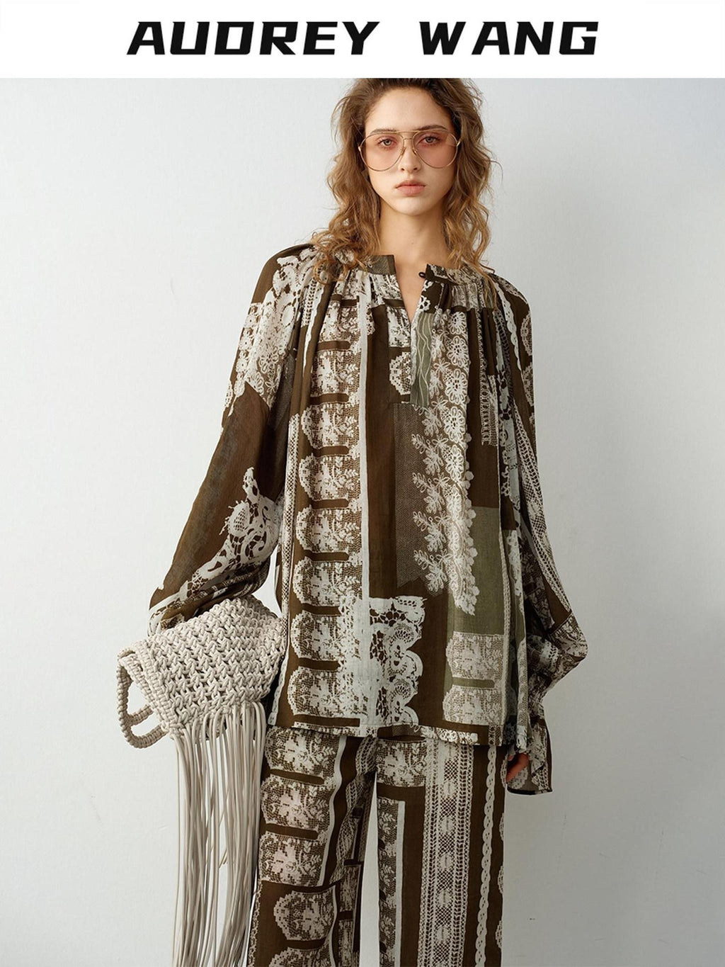 audreyyang Sustainable Viscose Ramie Printed Loose V-neck Long Sleeve Women Blouses