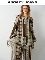 audreyyang Sustainable Viscose Ramie Printed Loose V-neck Long Sleeve Women Blouses
