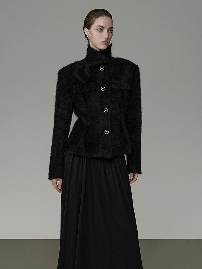 unspoken Slimming French Slim Fit Waist Cinch Stand Collar Black Nylon Women Short Coat