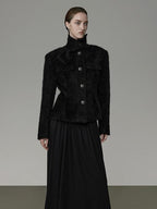 unspoken Slimming French Slim Fit Waist Cinch Stand Collar Black Nylon Women Short Coat