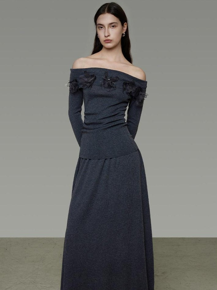 unspoken High Stretch Slim Knit Boat Neck Long Sleeve Dark Gray Office Top & Skirt Sets
