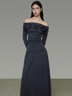 unspoken High Stretch Slim Knit Boat Neck Long Sleeve Dark Gray Office Top & Skirt Sets