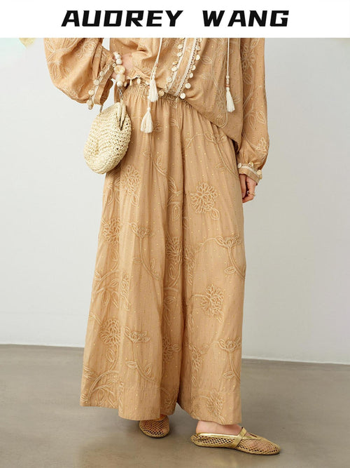 audreyyang Breathable Cotton Floral Natural Waist Office Khaki Wide Leg Pants