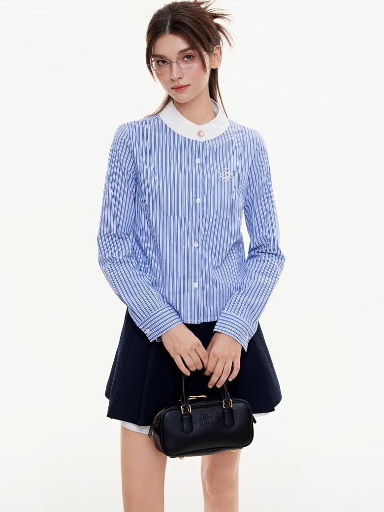 ikyou Breathable Cottonblend Slim Fit Embroidered Stripe Round Neck Women Tops Blouses