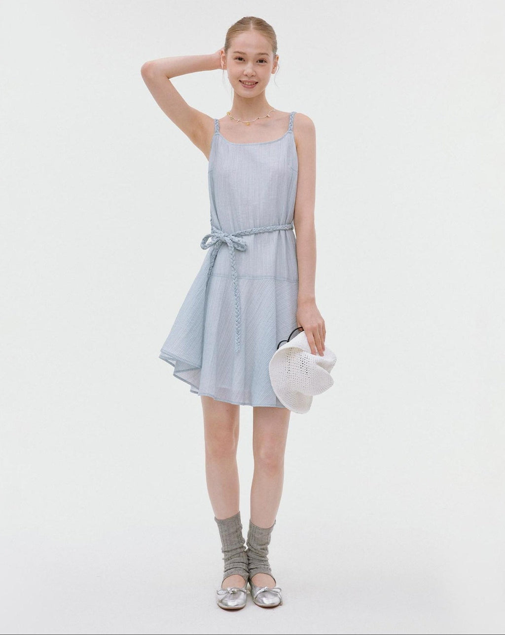fano Elegant High Waist Aline Sleeveless Tie Waist Lyocell Light Blue Midi Dresses