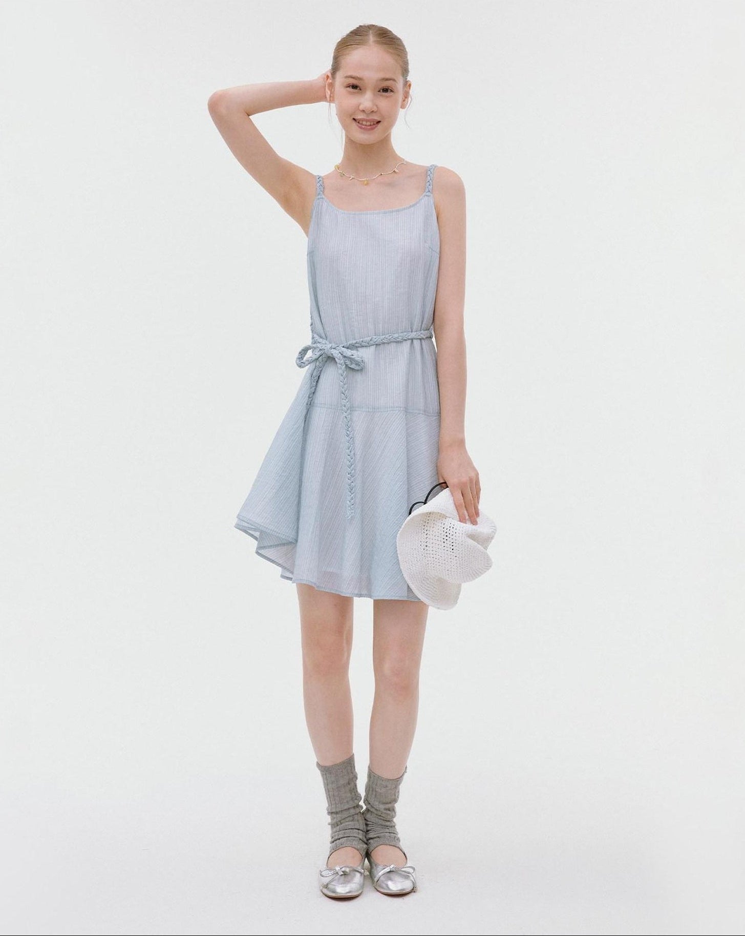 fano Elegant High Waist Aline Sleeveless Tie Waist Lyocell Light Blue Midi Dresses