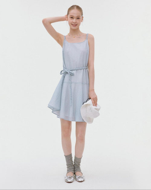 fano Elegant High Waist Aline Sleeveless Tie Waist Lyocell Light Blue Midi Dresses