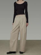 unspoken Pleated Natural Waist Minimalist Loose Women Khaki Zipper Wide Leg Pants